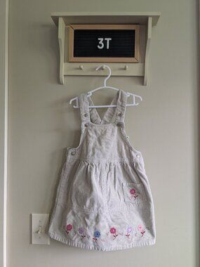Vintage Covington Corduroy Jumper Dress 3T Beige Floral Embroidered Overalls